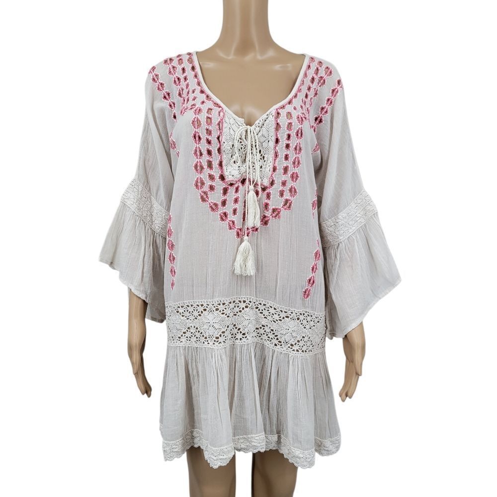 Amita Naithani Boho White and Pink Embroidered Crochet Lace Cotton Top Tunic